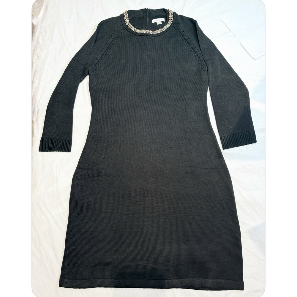 CK Black Long Sleeve Sweater Dress Gold Link Embellished Scoop Neck L NWOT